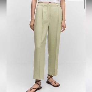 Mango Sage Green Cotton Tailored Straight Leg Trousers (US4)